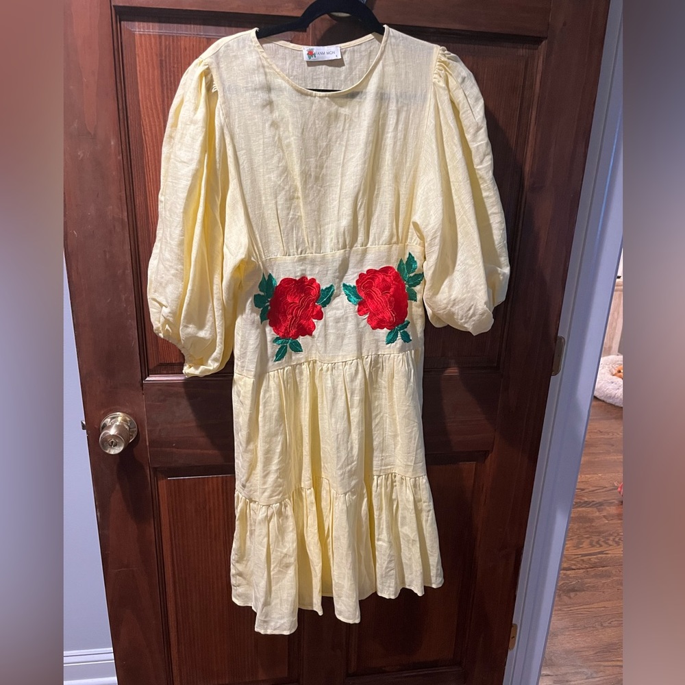 Fanm Mon yellow floral print dress. Ruffled sleeves
